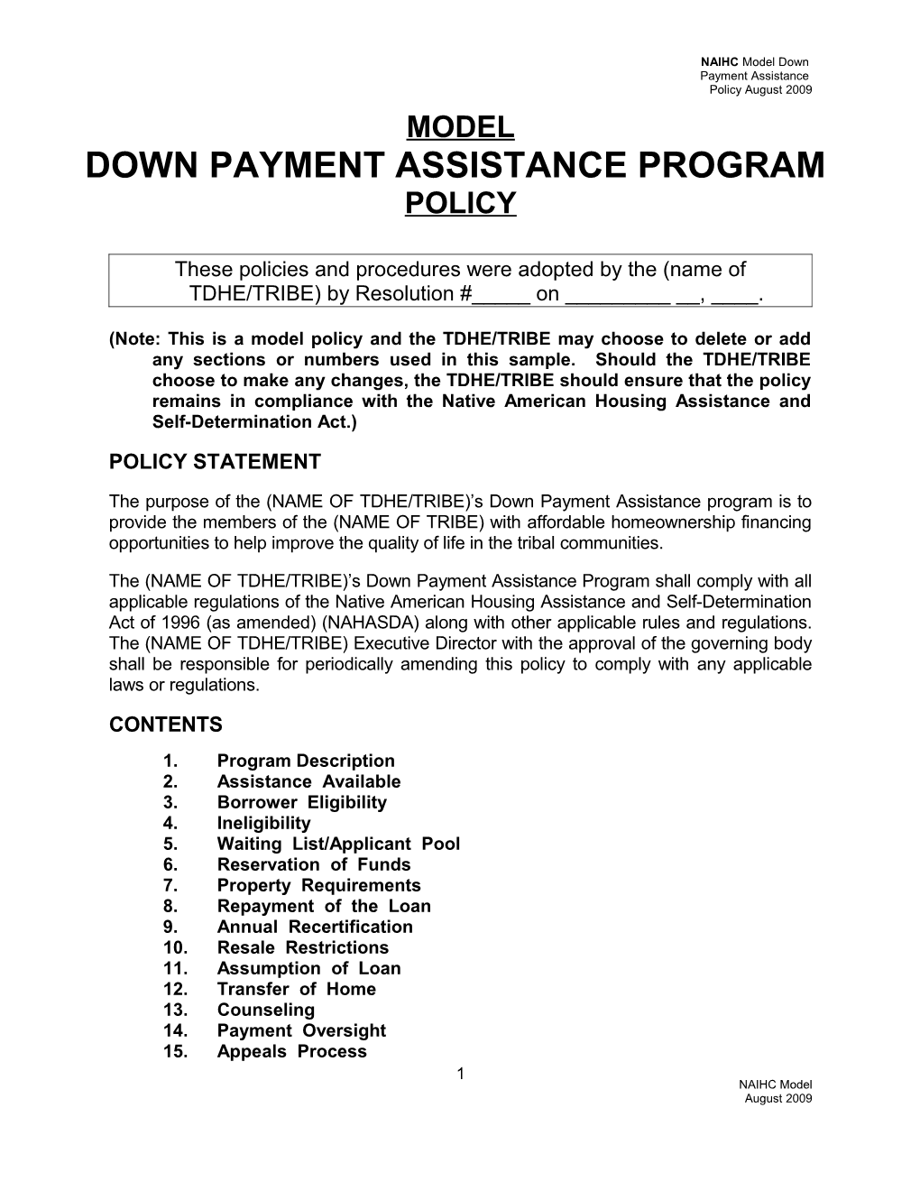 Down Payment Assistance Policy