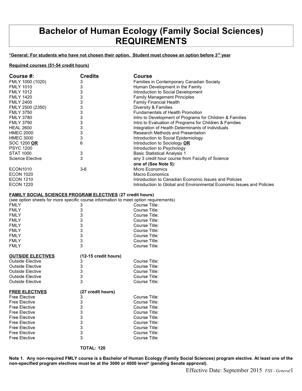 Family Social Sciences Program Requirements