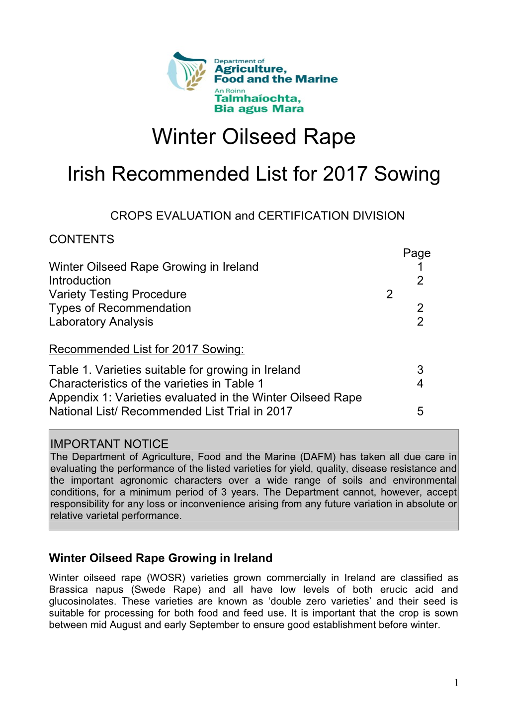 Winter Oilseed Rape Varieties: Irish Recommended List for 2015 Sowing