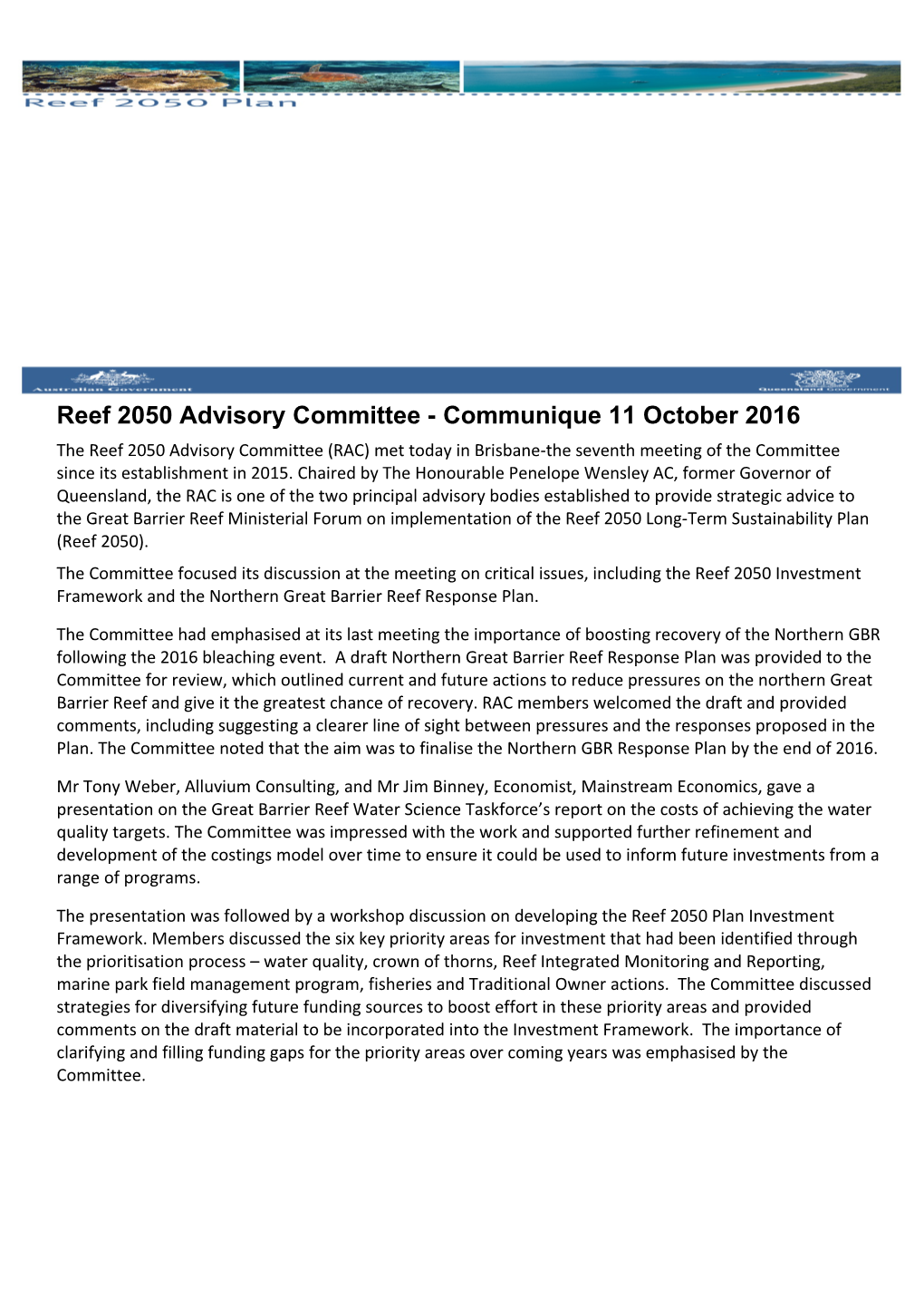 Reef 2050 Advisory Committee - Communique 11 October 2016