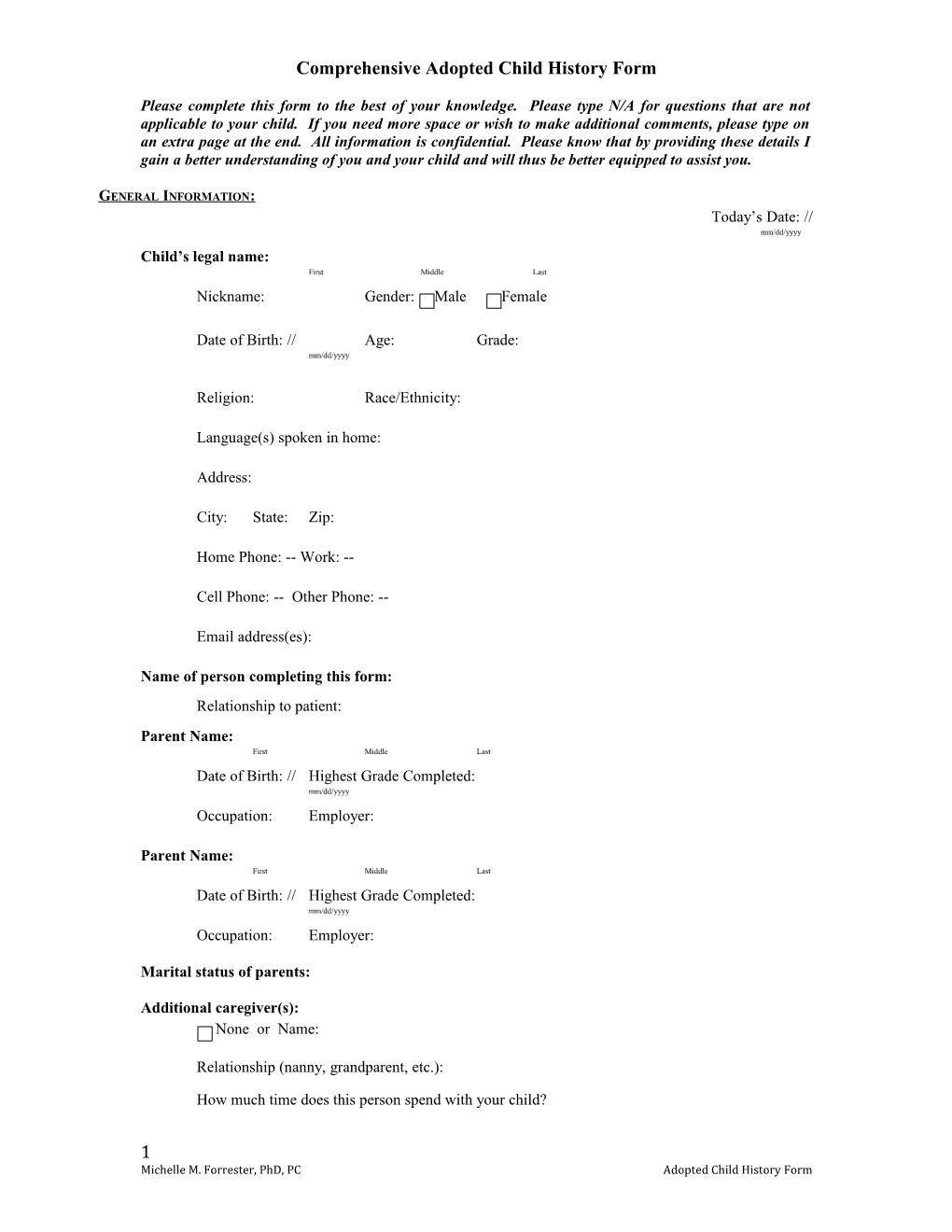 Comprehensive Adopted Child History Form
