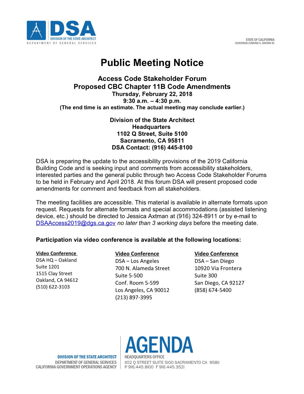 Public Meeting Notice: Access Code Update Stakeholder Forum, February 22, 2018