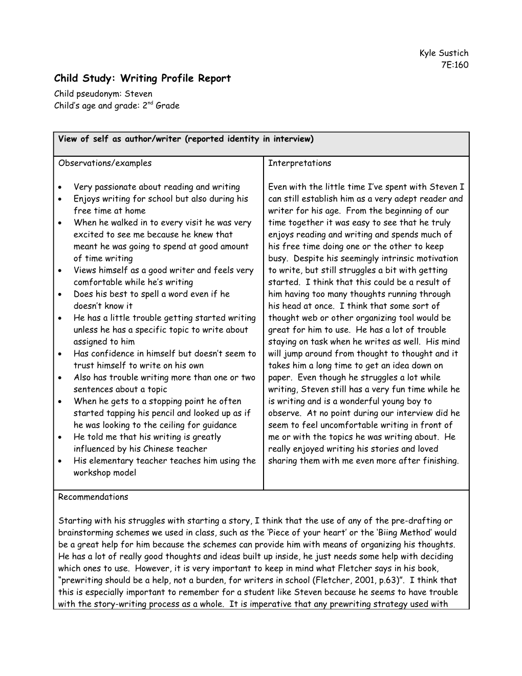 Child Study: Writing Profile Report