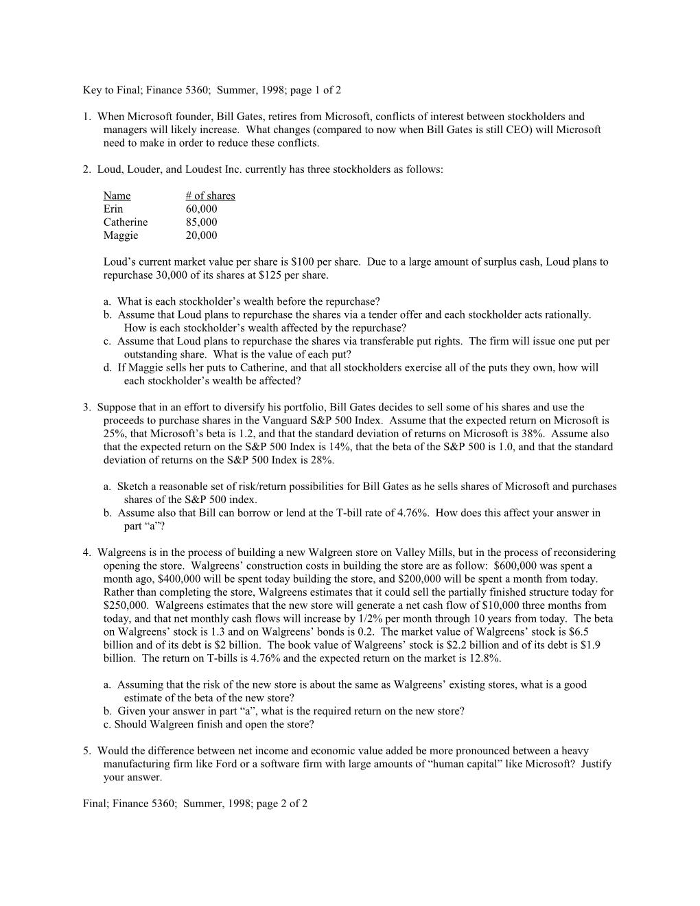Key to Final; Finance 5360; Summer, 1998; Page 1 of 2