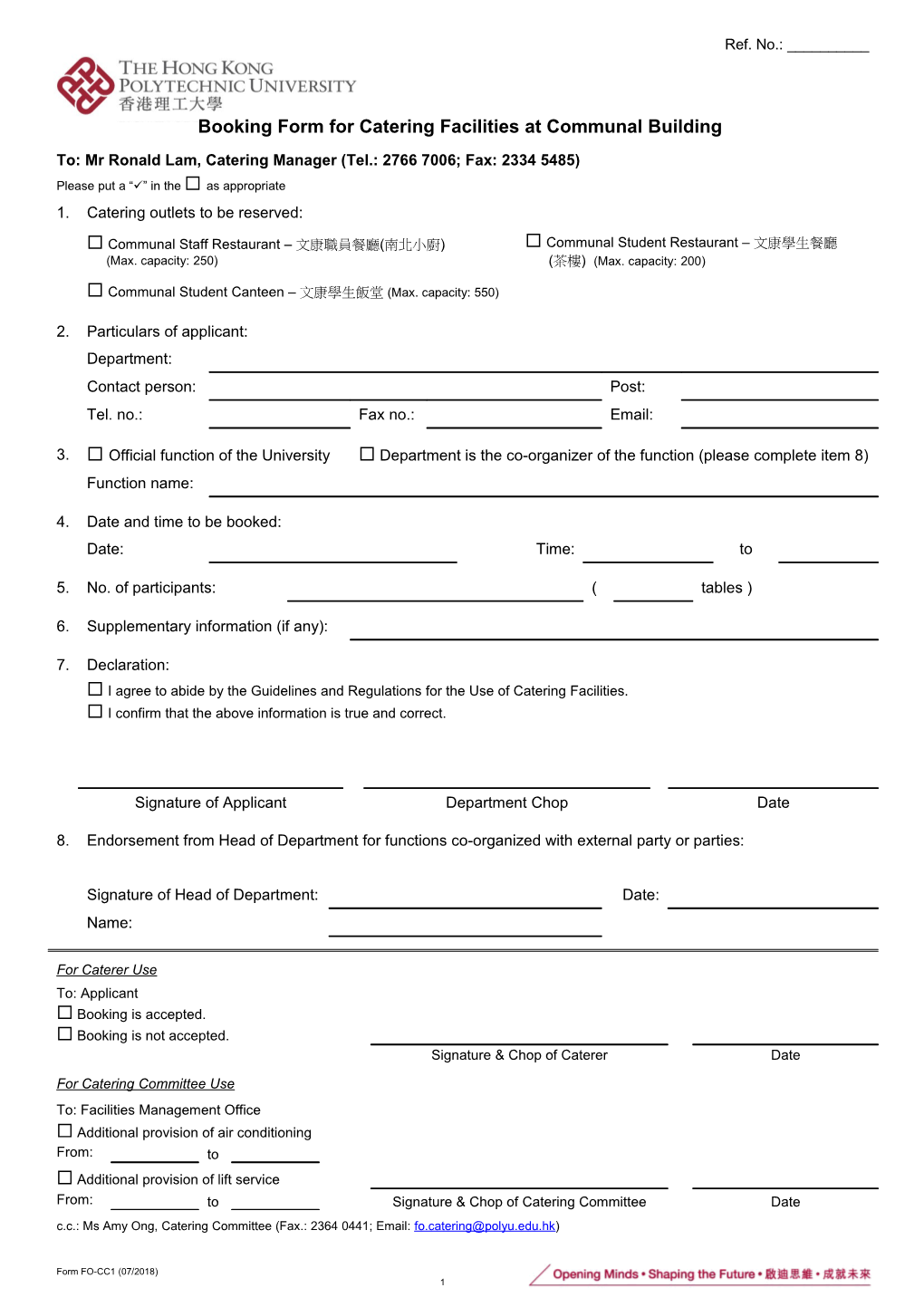 Booking Form for Catering Facilities at Communal Building