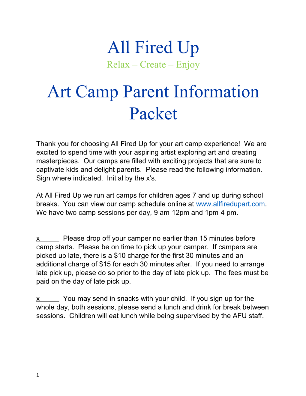 Art Camp Parent Information Packet