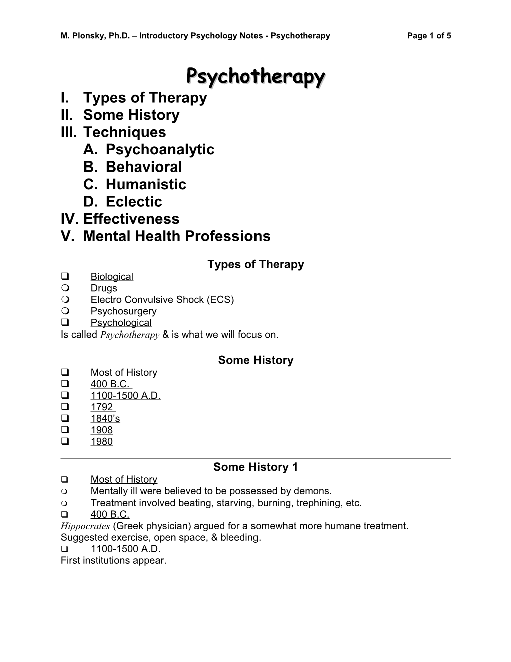 M. Plonsky, Ph.D. Introductory Psychology Notes - Psychotherapypage 1 of 5