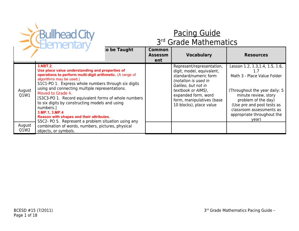 BCESD #15 (7/2011)3Rd Grade Mathematics Pacing Guide Page 1 of 16