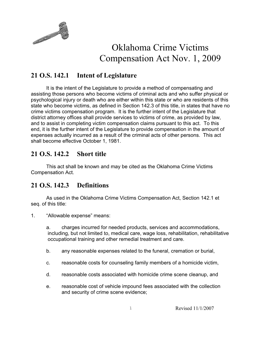 Oklahoma Crime Victims Compensation Actnov. 1, 2009