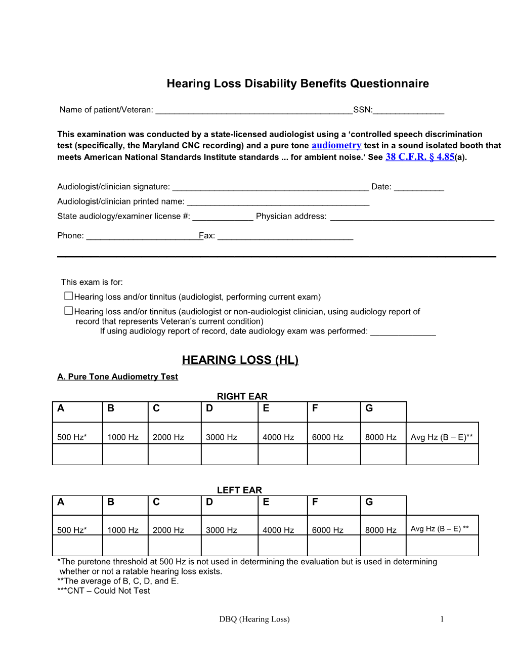 Hearing Loss Disability Benefits Questionnaire