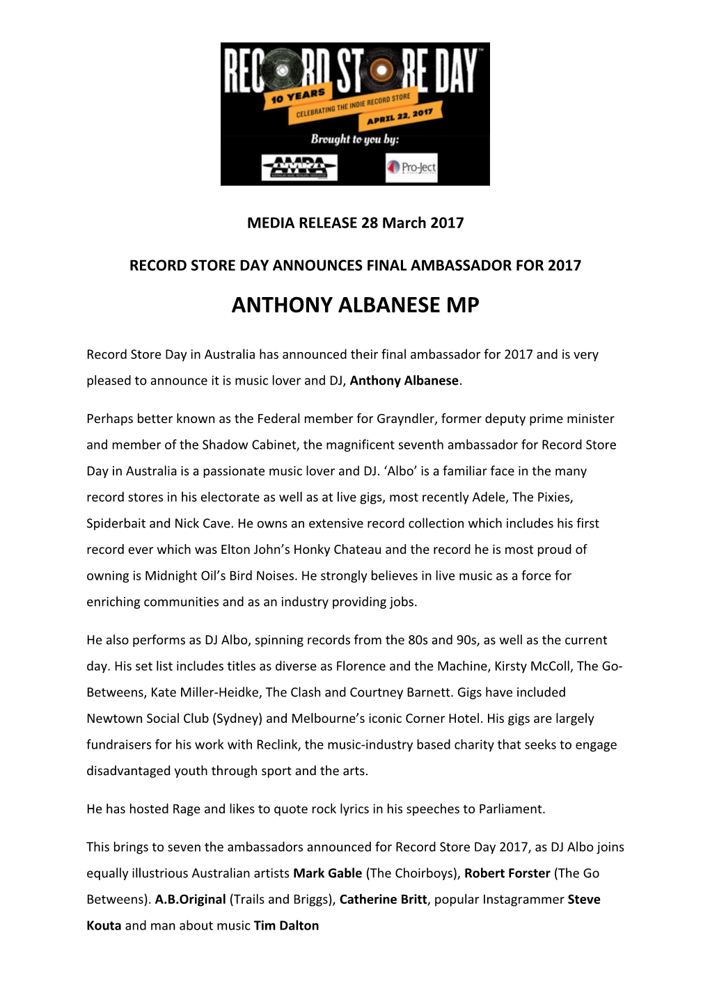 Record Store Day Announces Final Ambassador for 2017 Anthony Albanese Mp