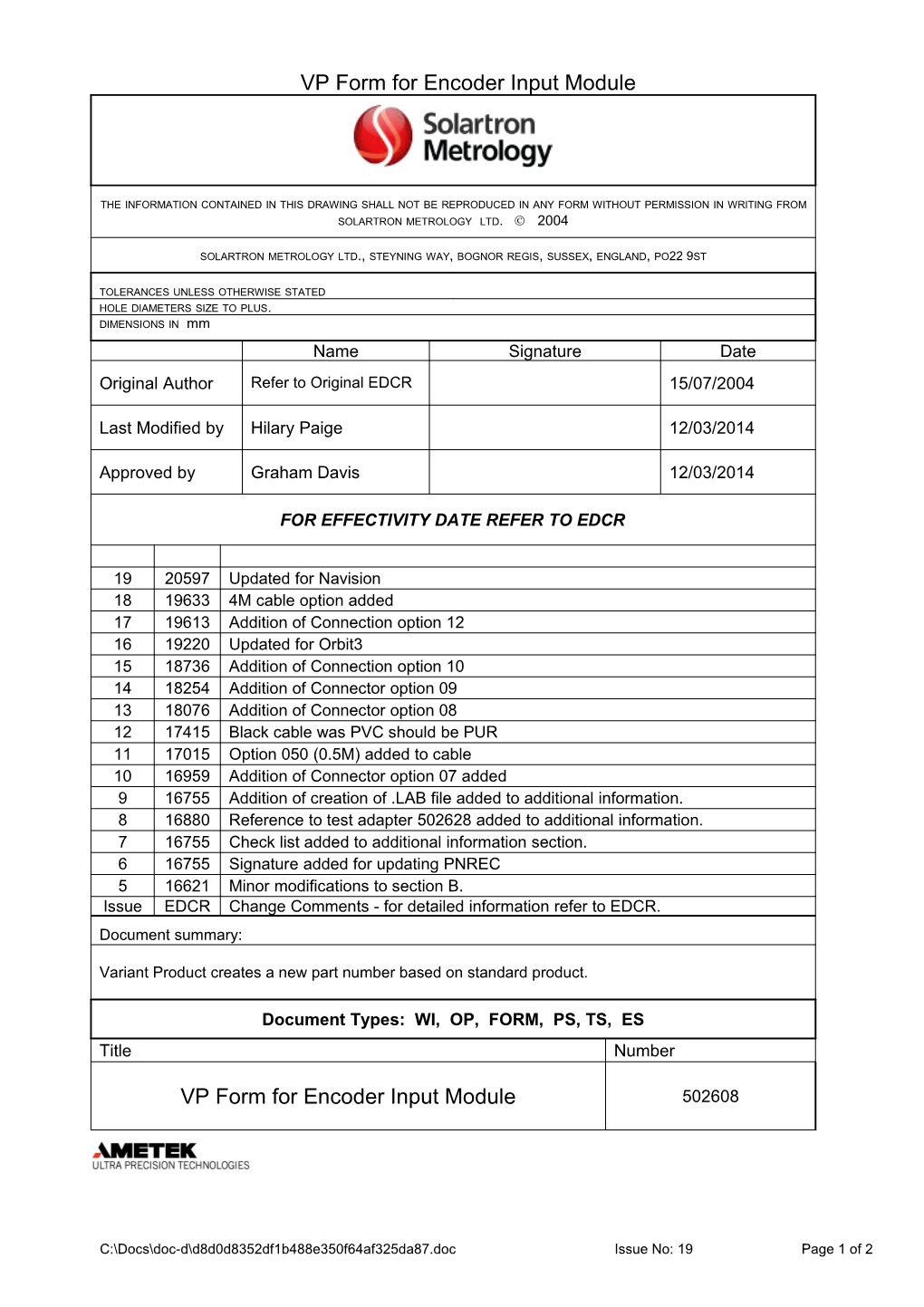VP Form for Encoder Input Module
