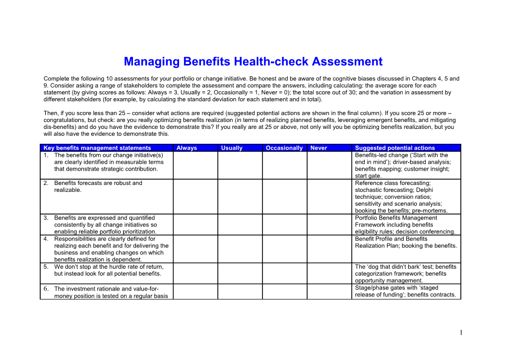Managing Benefits Health-Check Assessment