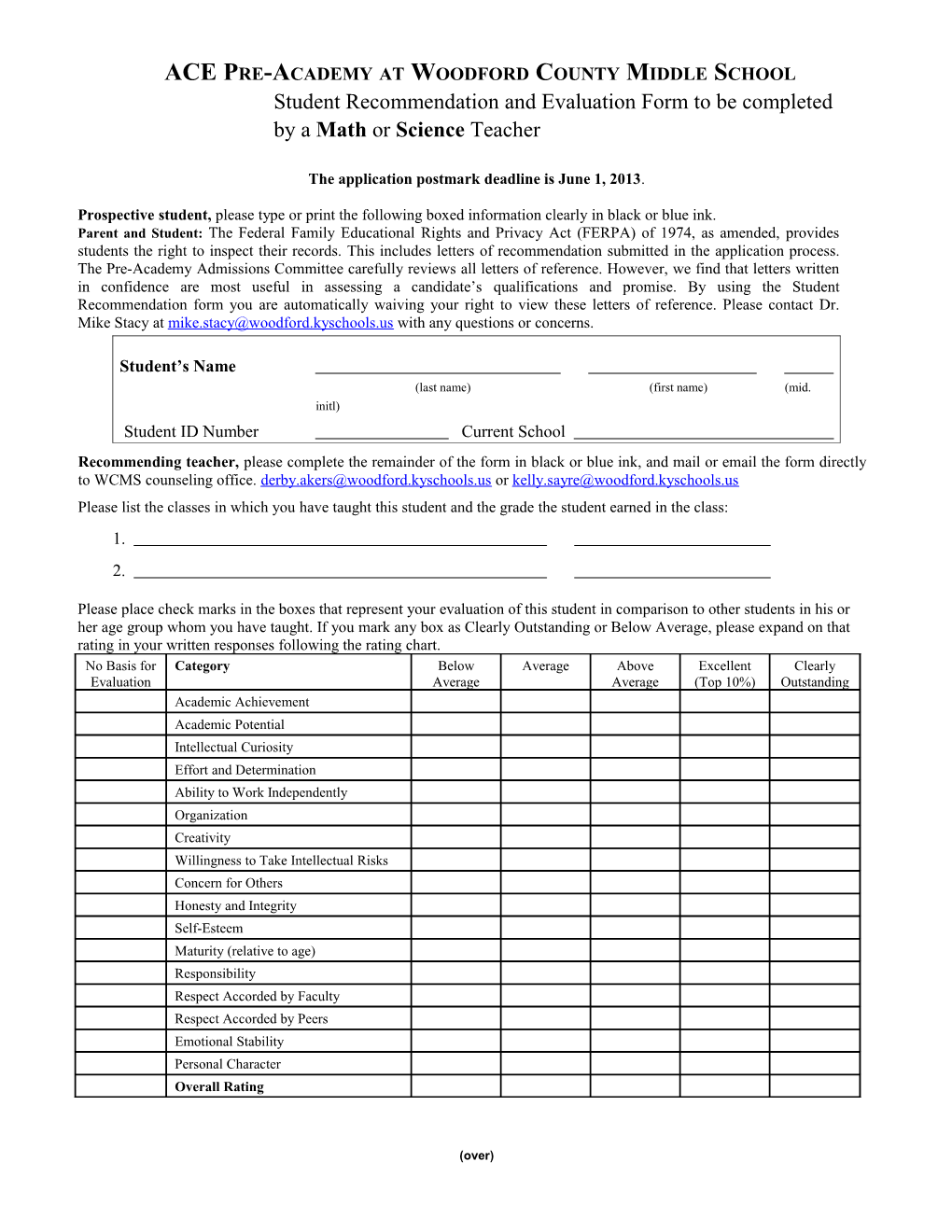 ACE Pre-Academy at WCMS Recommendation Form Postmark Deadline June 1, 2013Page 1