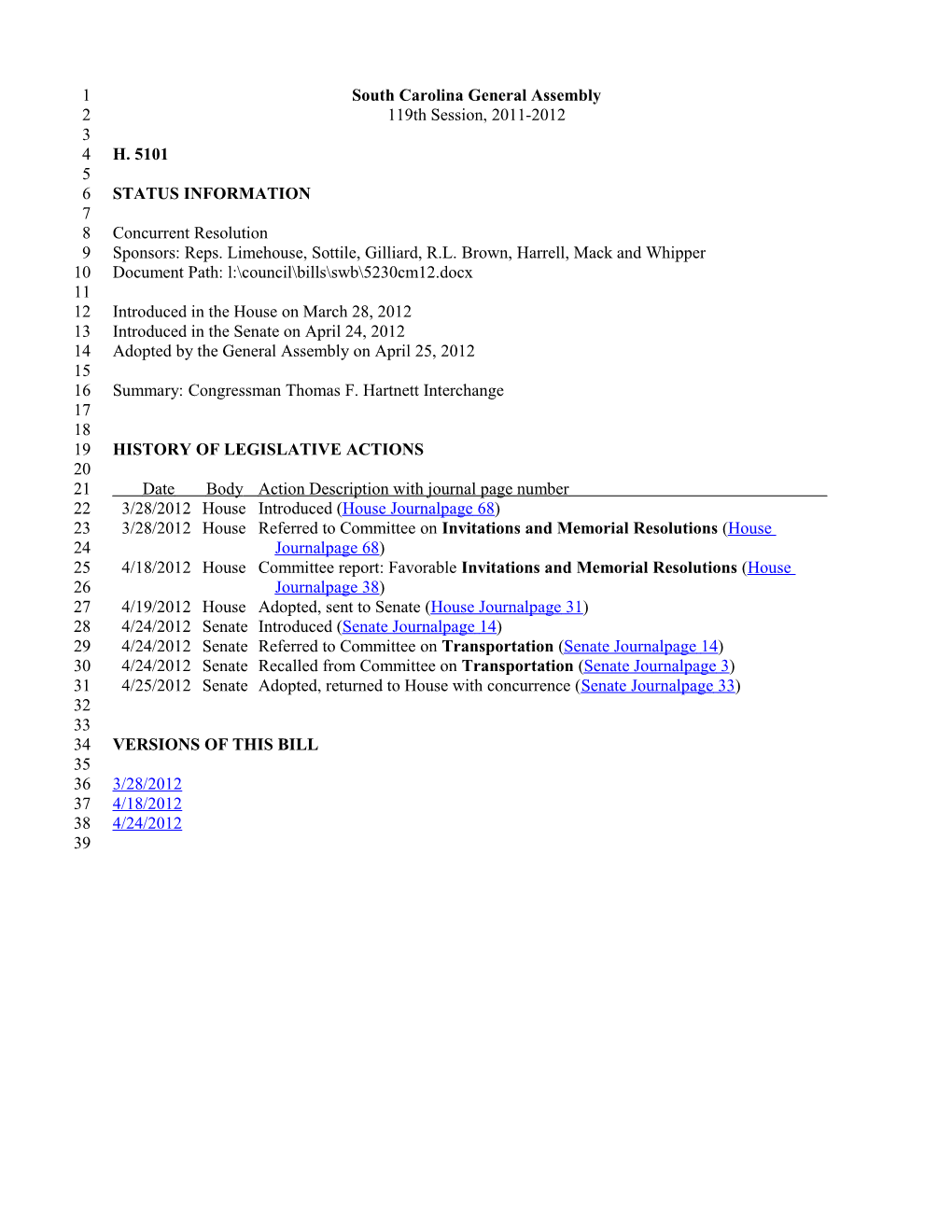 2011-2012 Bill 5101: Congressman Thomas F. Hartnett Interchange - South Carolina Legislature