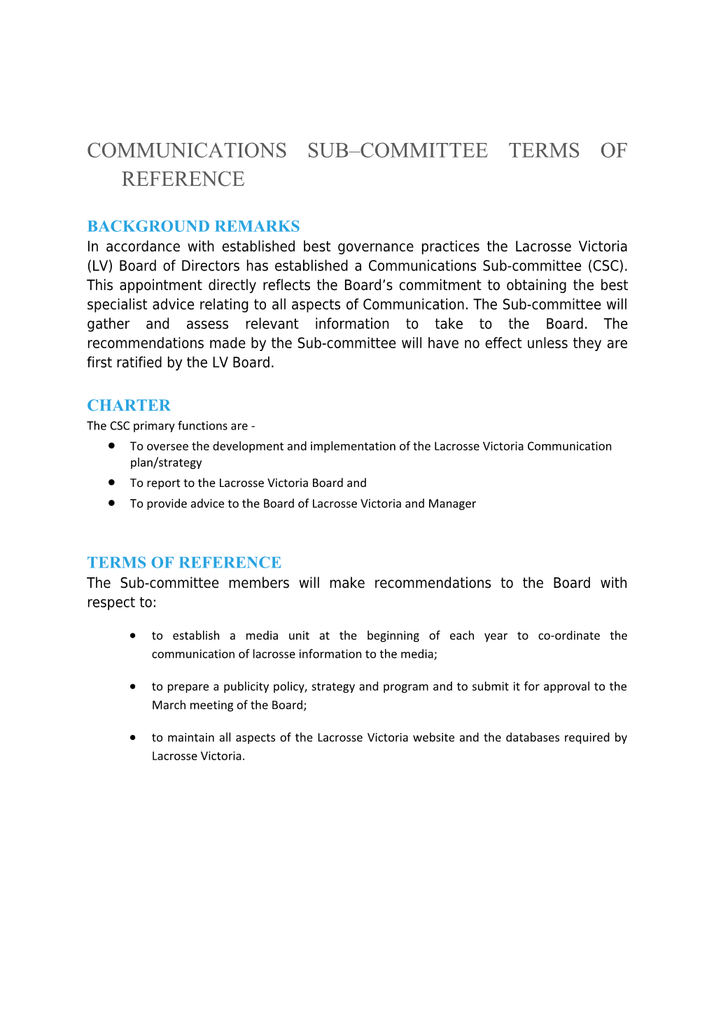 Communications Sub Committee Terms of Reference