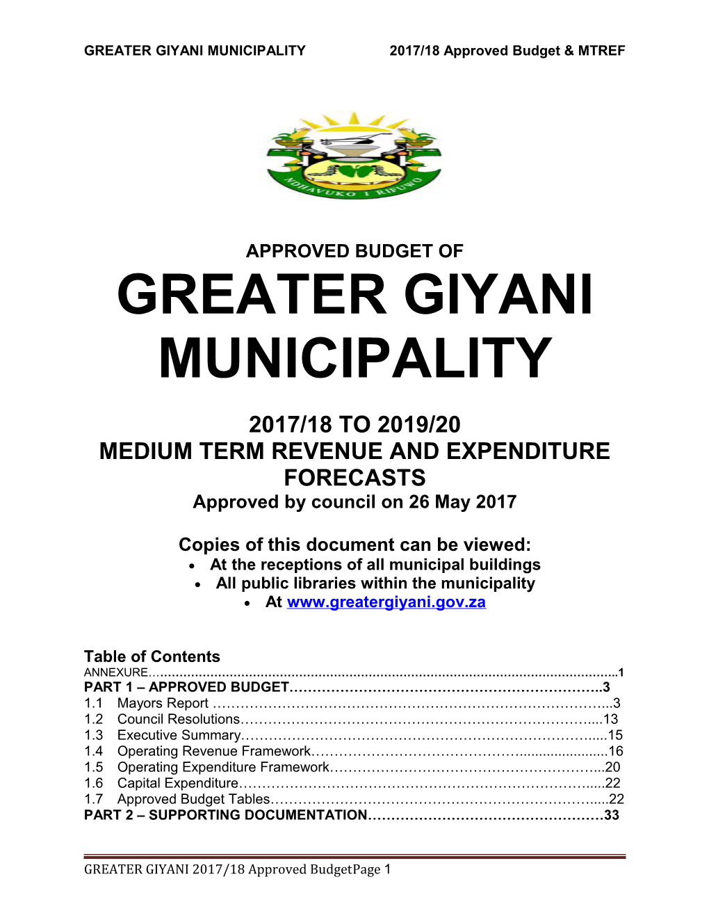 GREATER GIYANI MUNICIPALITY2017/18 Approved Budget & MTREF