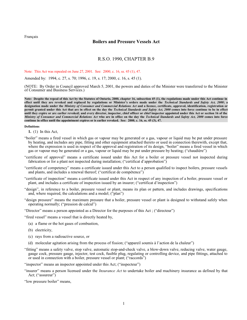 Boilers and Pressure Vessels Act, R.S.O. 1990, C. B.9