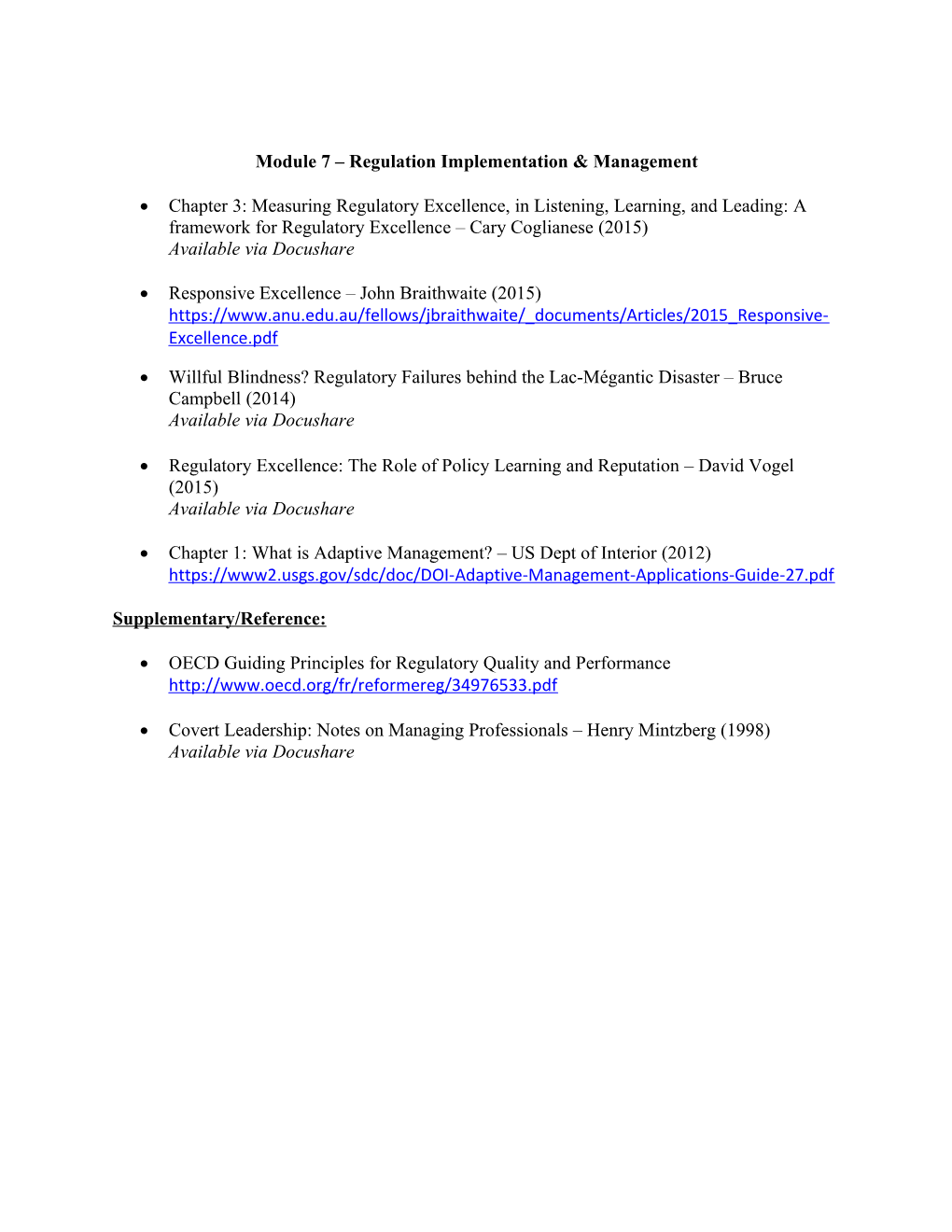 Module 7 Regulation Implementation & Management