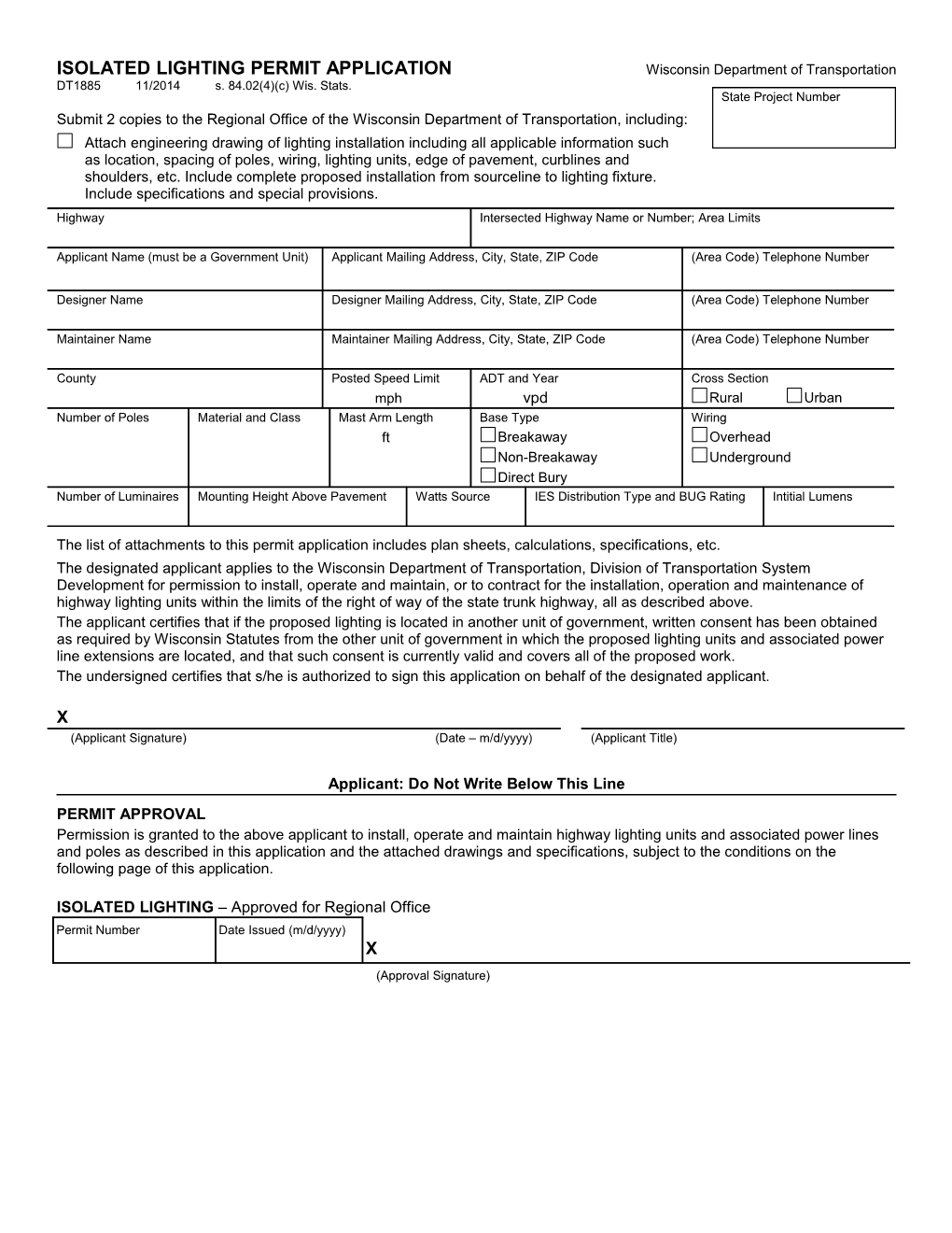 DT1885 Isolated Lighting Permit Application