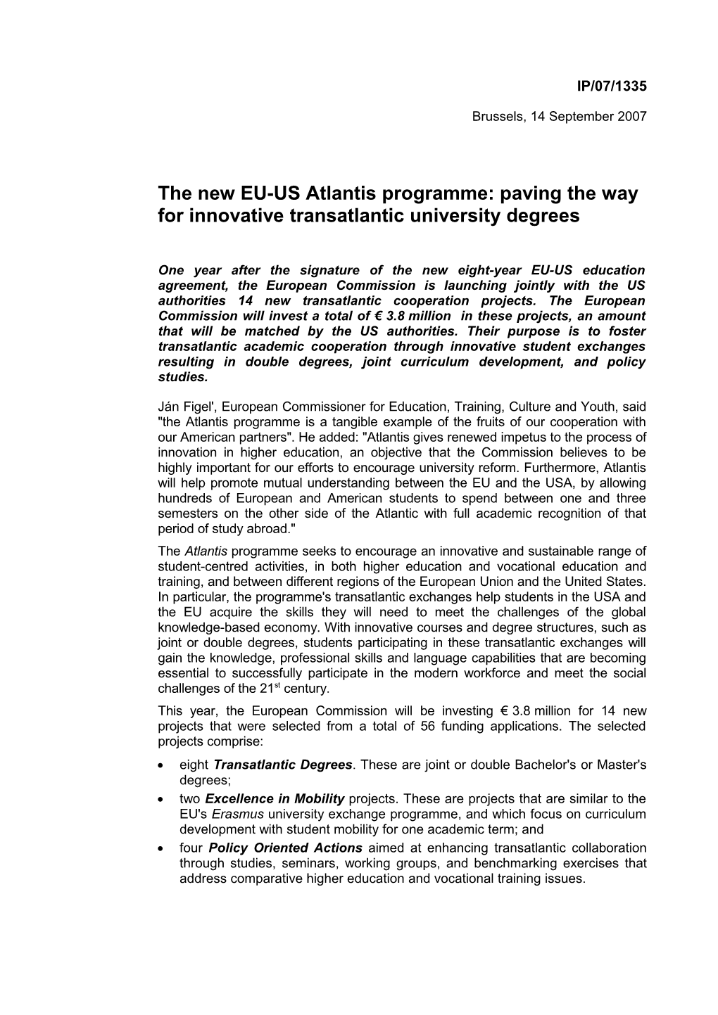 The New EU-US Atlantis Programme: Paving the Way for Innovative Transatlantic University