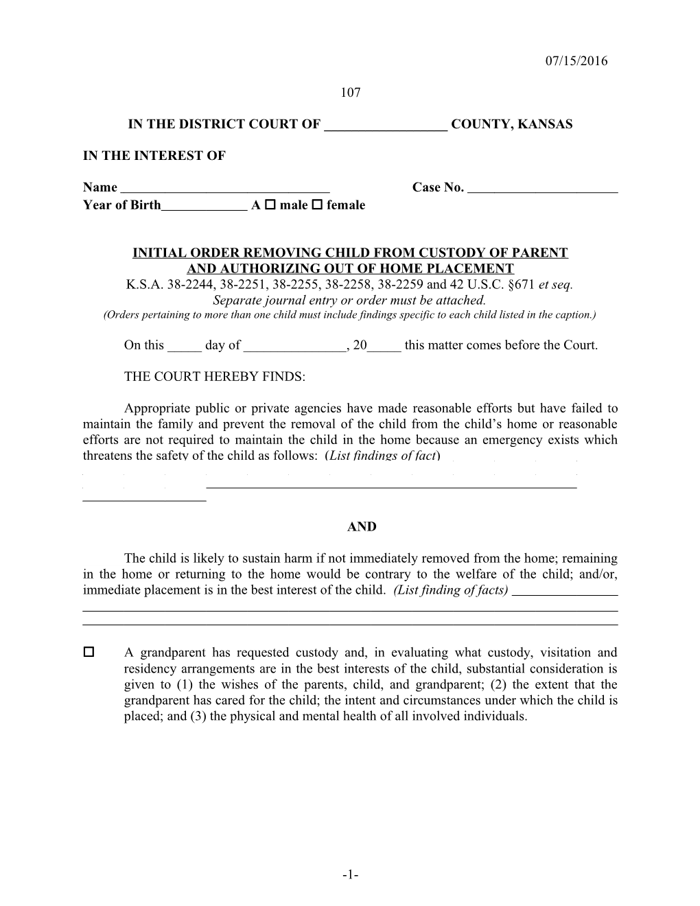 Initial Order Removing Child from Custody of Parent