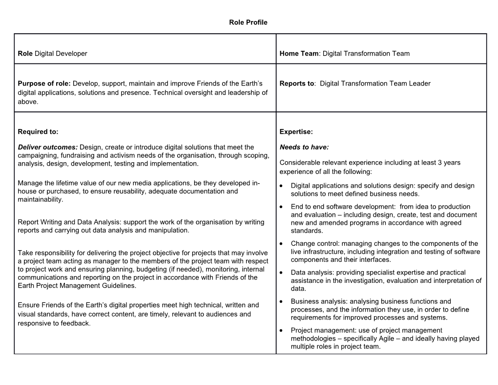 Digital Developer Role Profile