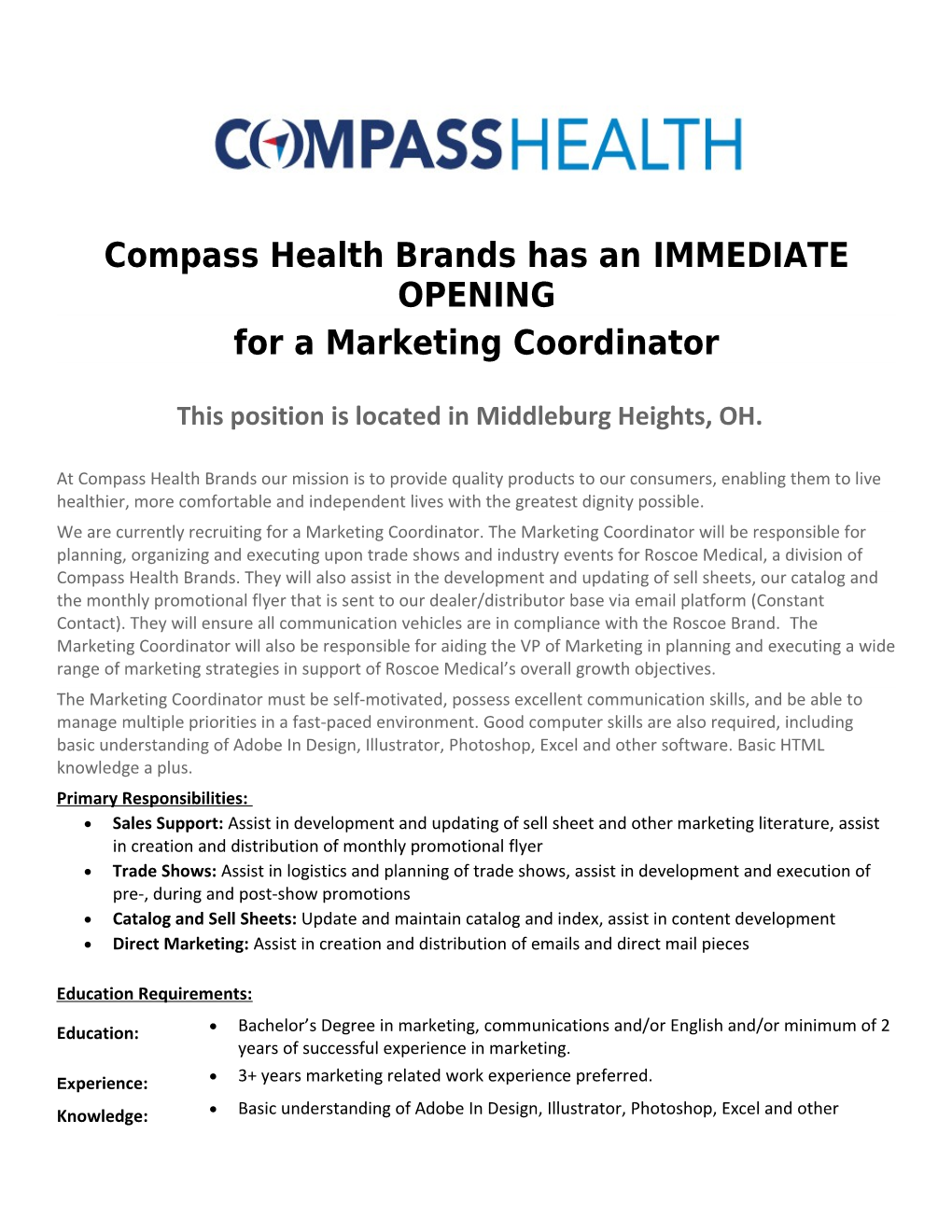 Compass Health Brands Has Animmediate OPENING