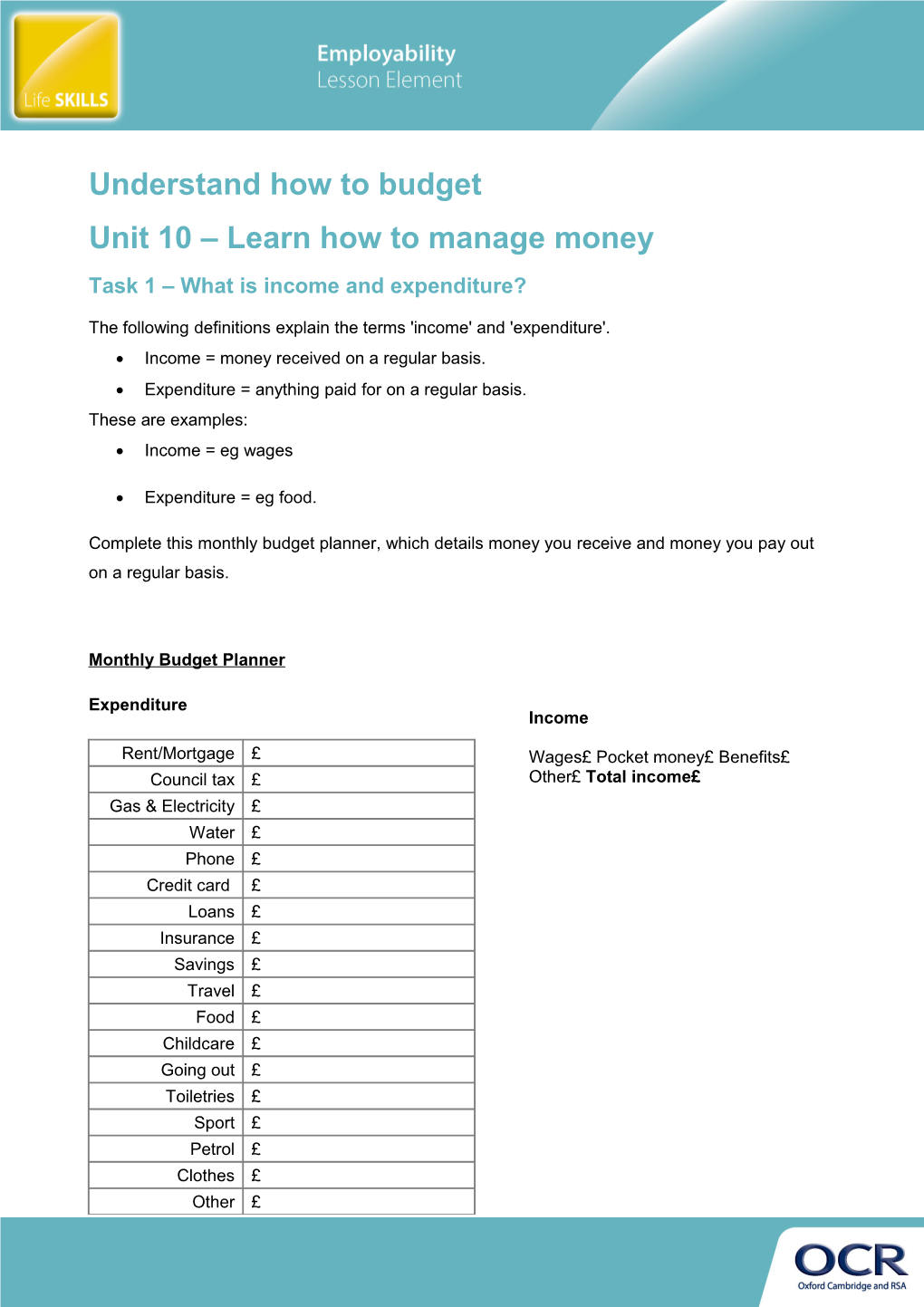 Cambridge Employability - Unit 10 - Understand How to Budget