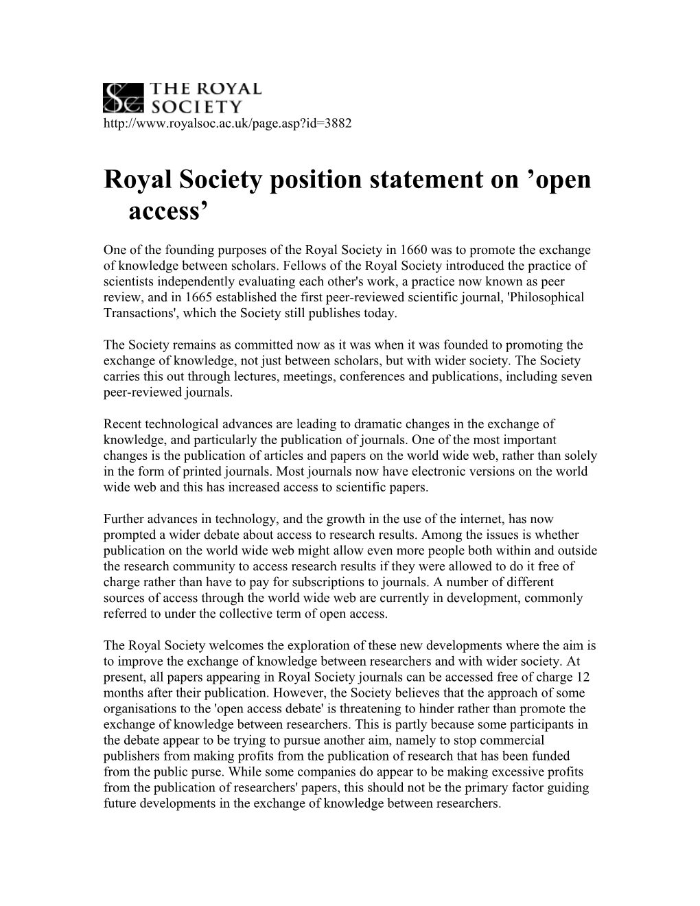 Royal Society Position Statement on Open Access