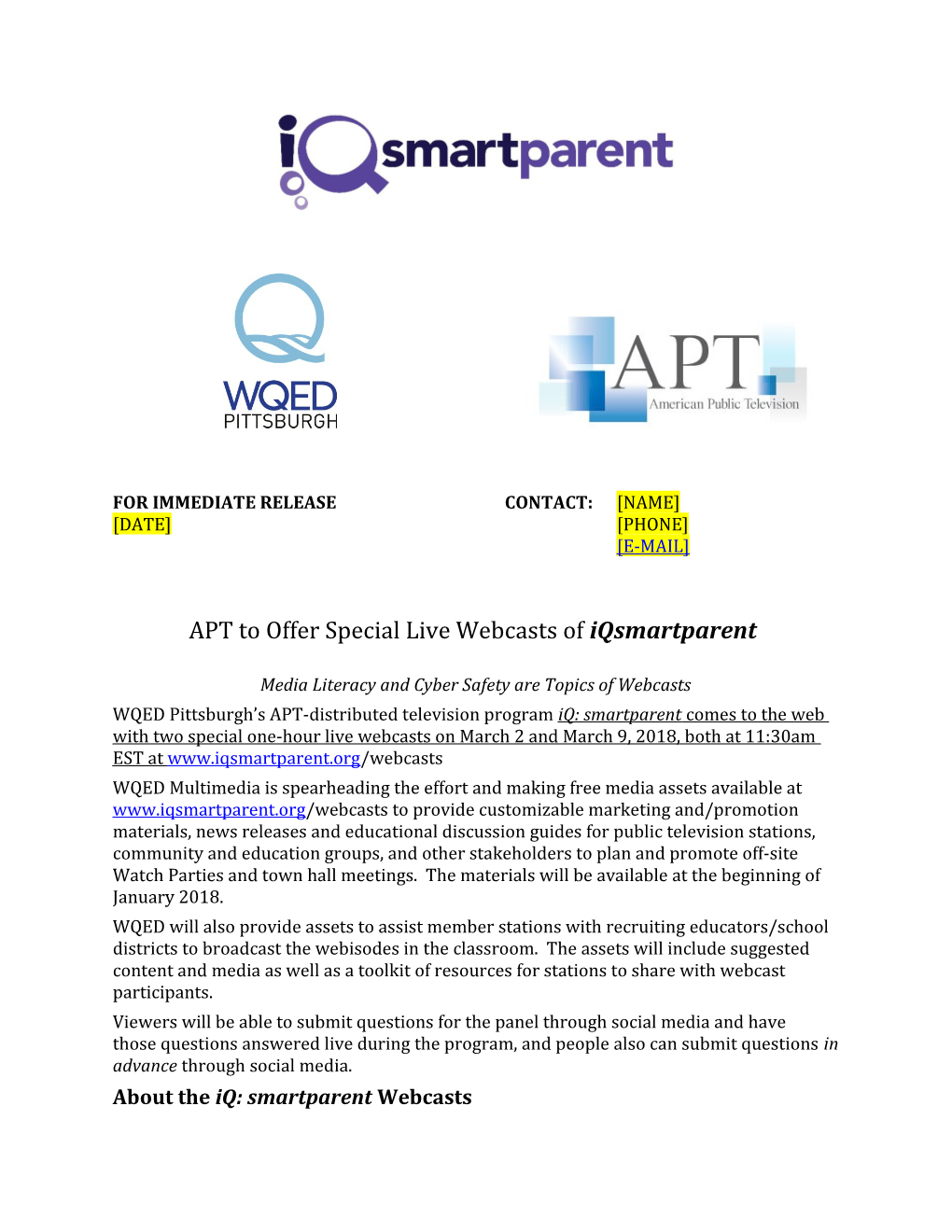 APT to Offer Special Live Webcasts Ofiqsmartparent