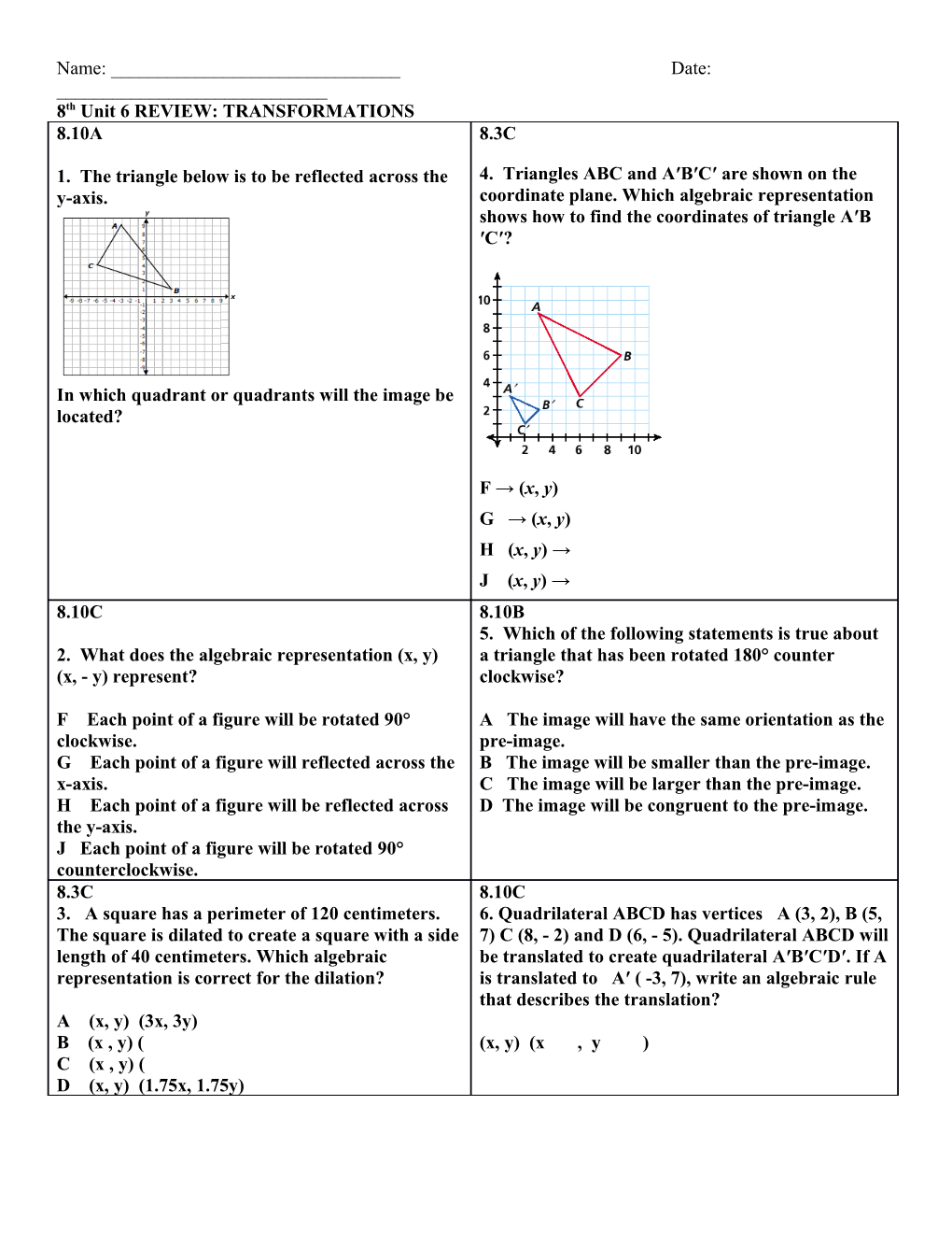 8Th Unit 6REVIEW: TRANSFORMATIONS