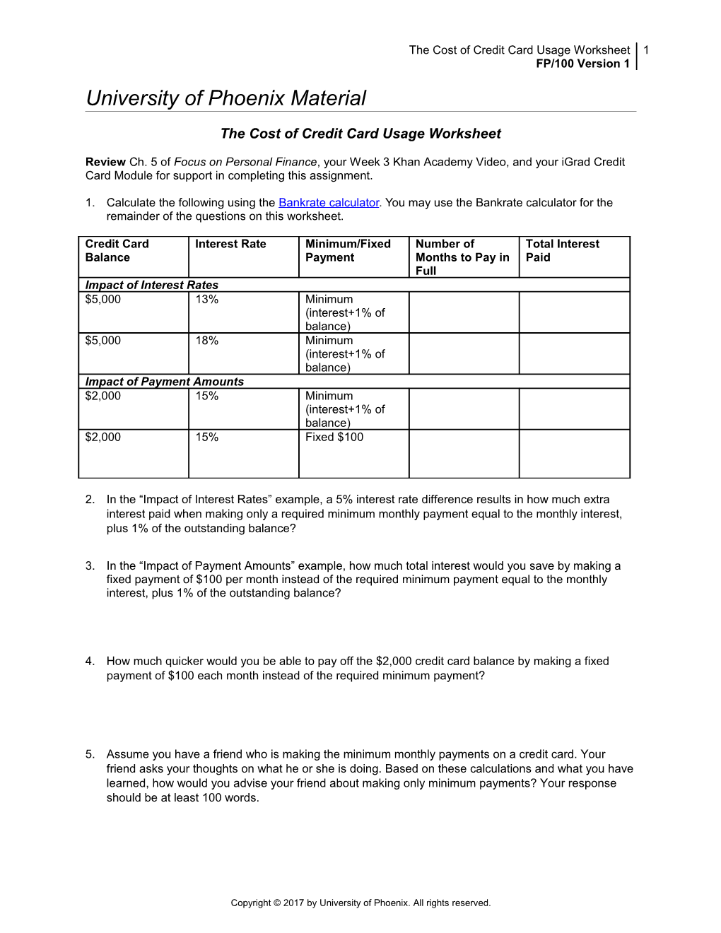 The Cost of Credit Card Usage Worksheet