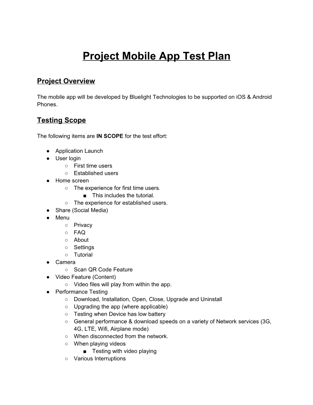 Project Mobile App Test Plan