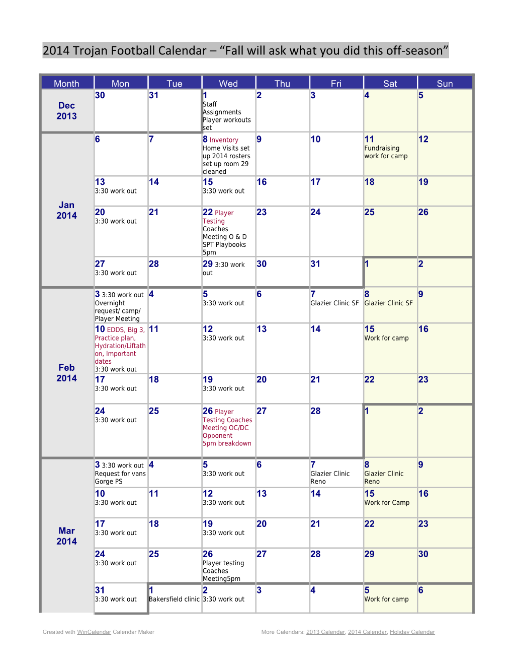 Monday Starting Weekly Calendar for 2014