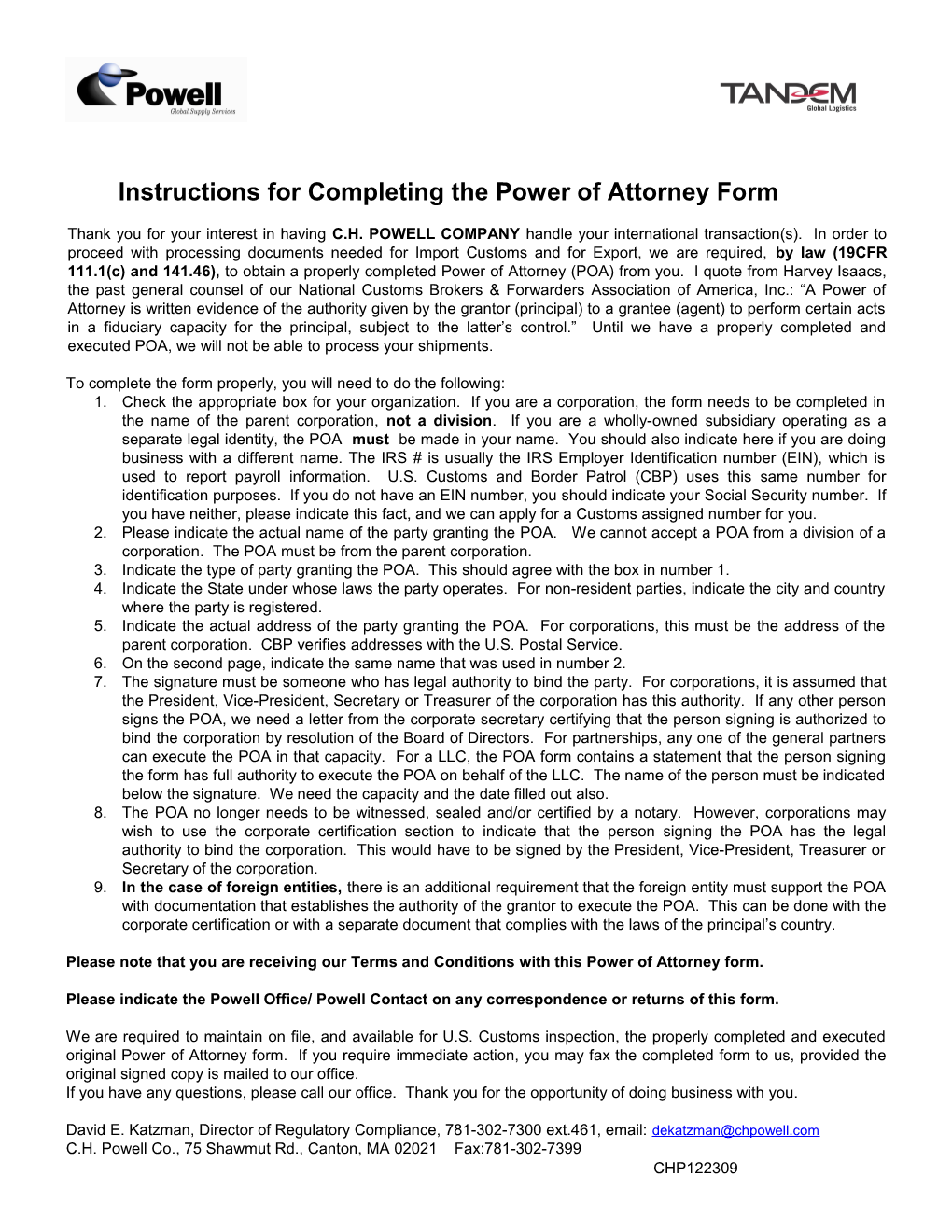 Instructions for Completing the Power of Attorney Form