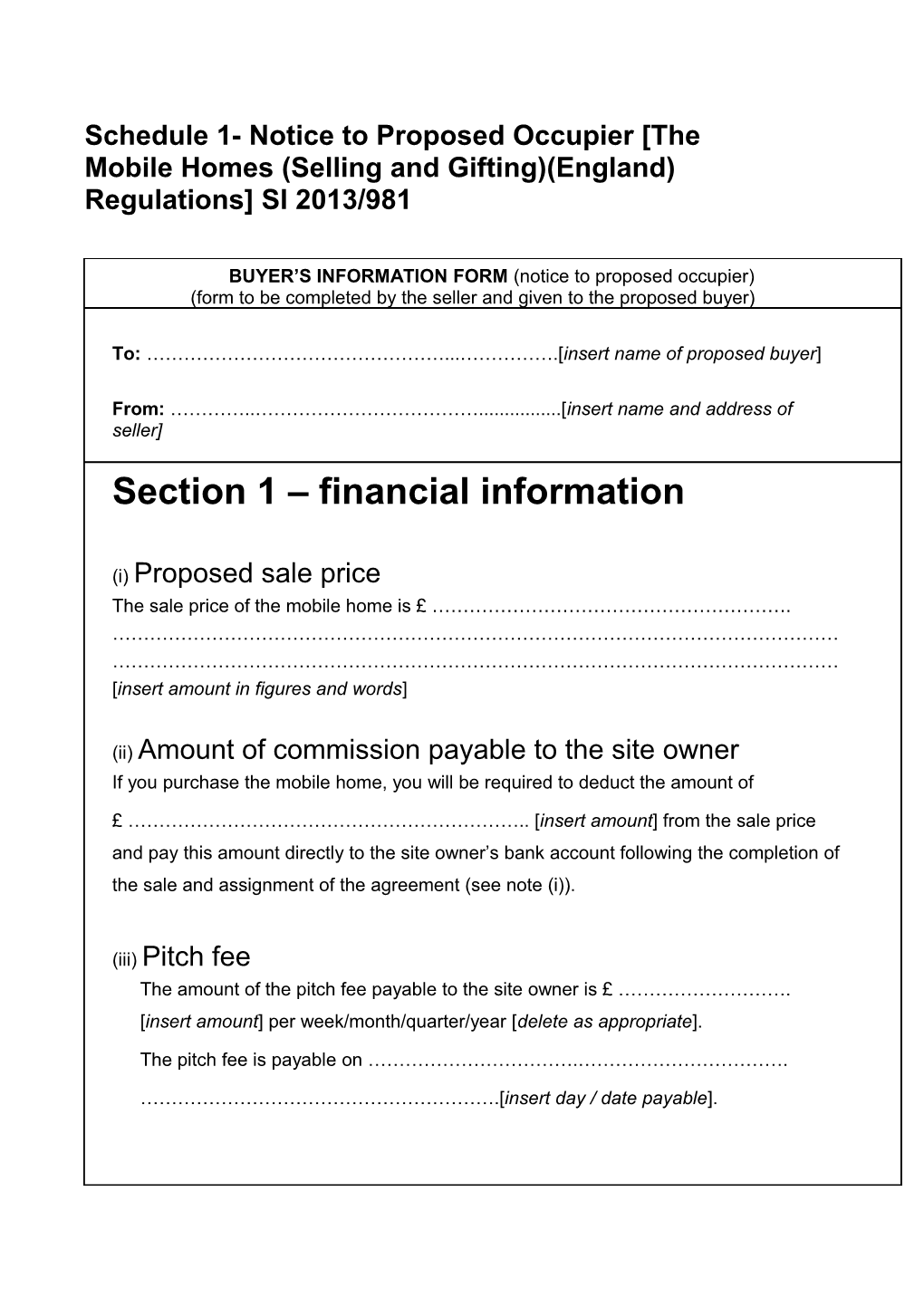 Schedule 1- Notice to Proposed Occupier the Mobile Homes (Selling and Gifting)(England)