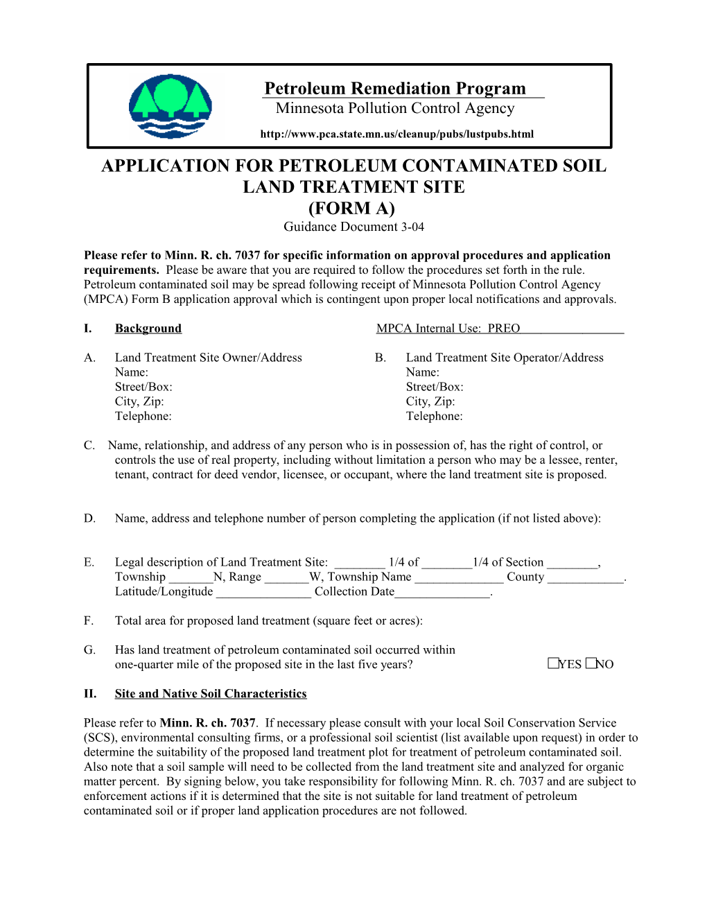 Application for a Petroleum Contaminated Soil Land Treatment Site (Form A)