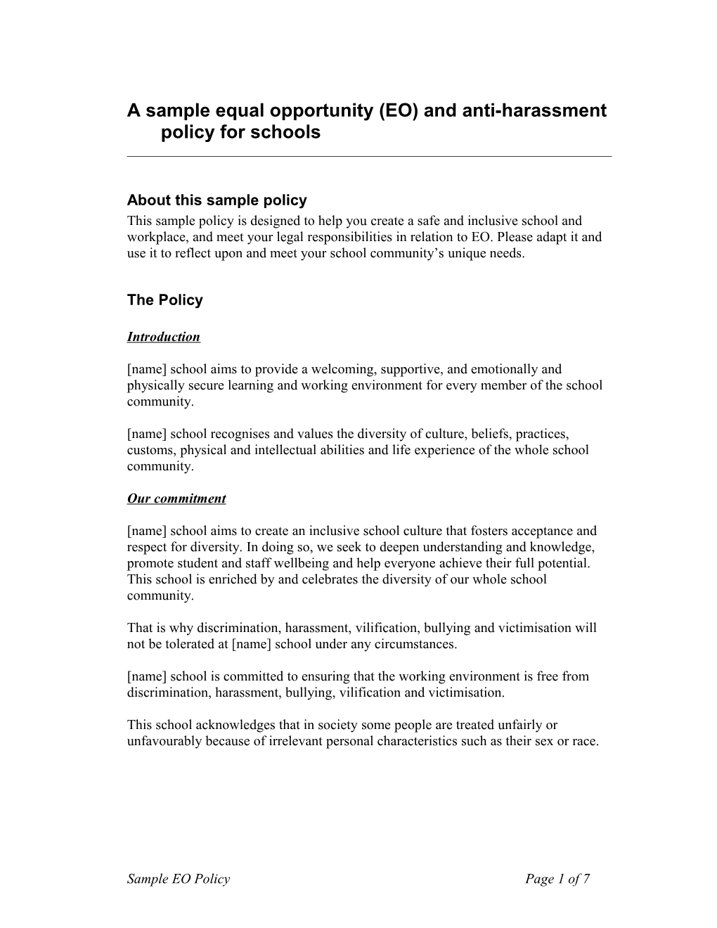 A Sample Equal Opportunity (EO) and Anti-Harassment Policy for Schools