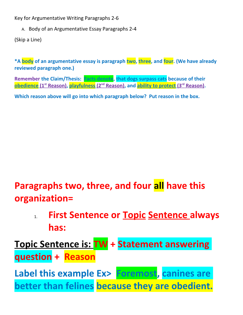 Key for Argumentative Writing Paragraphs 2-6