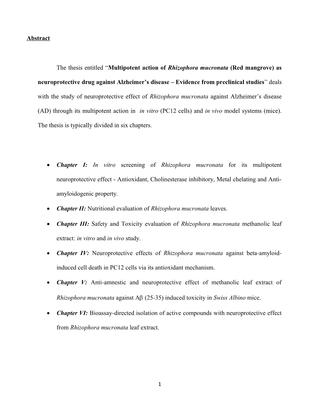 The Thesis Entitled Multipotent Action of Rhizophora Mucronata (Red Mangrove) As Neuroprotective