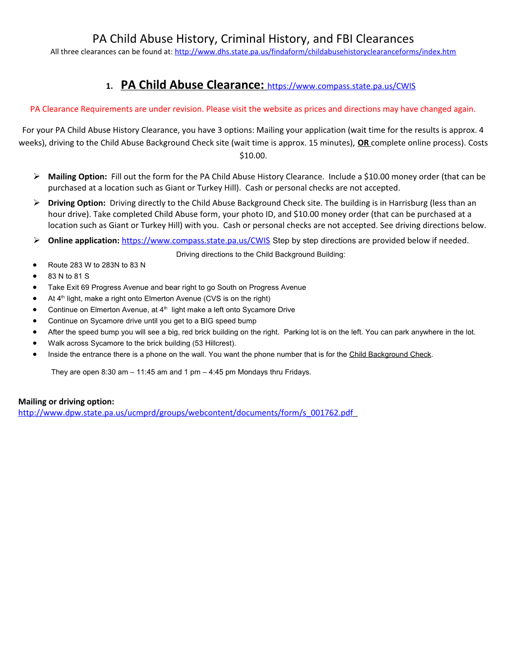 PA Child Abuse History, Criminal History,And FBI Clearances