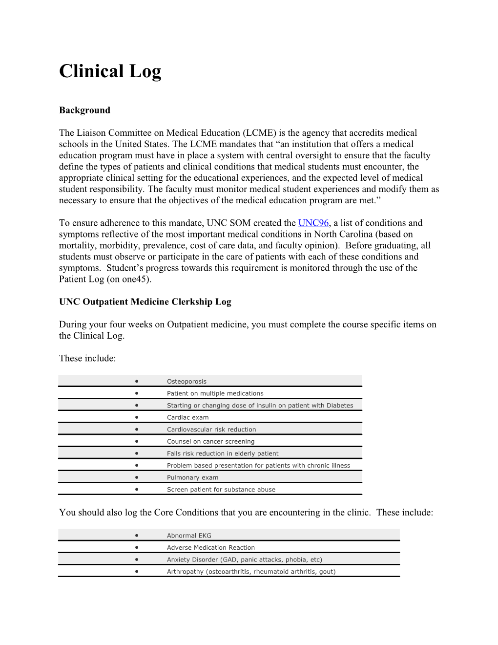 UNC Outpatient Medicine Clerkship Log