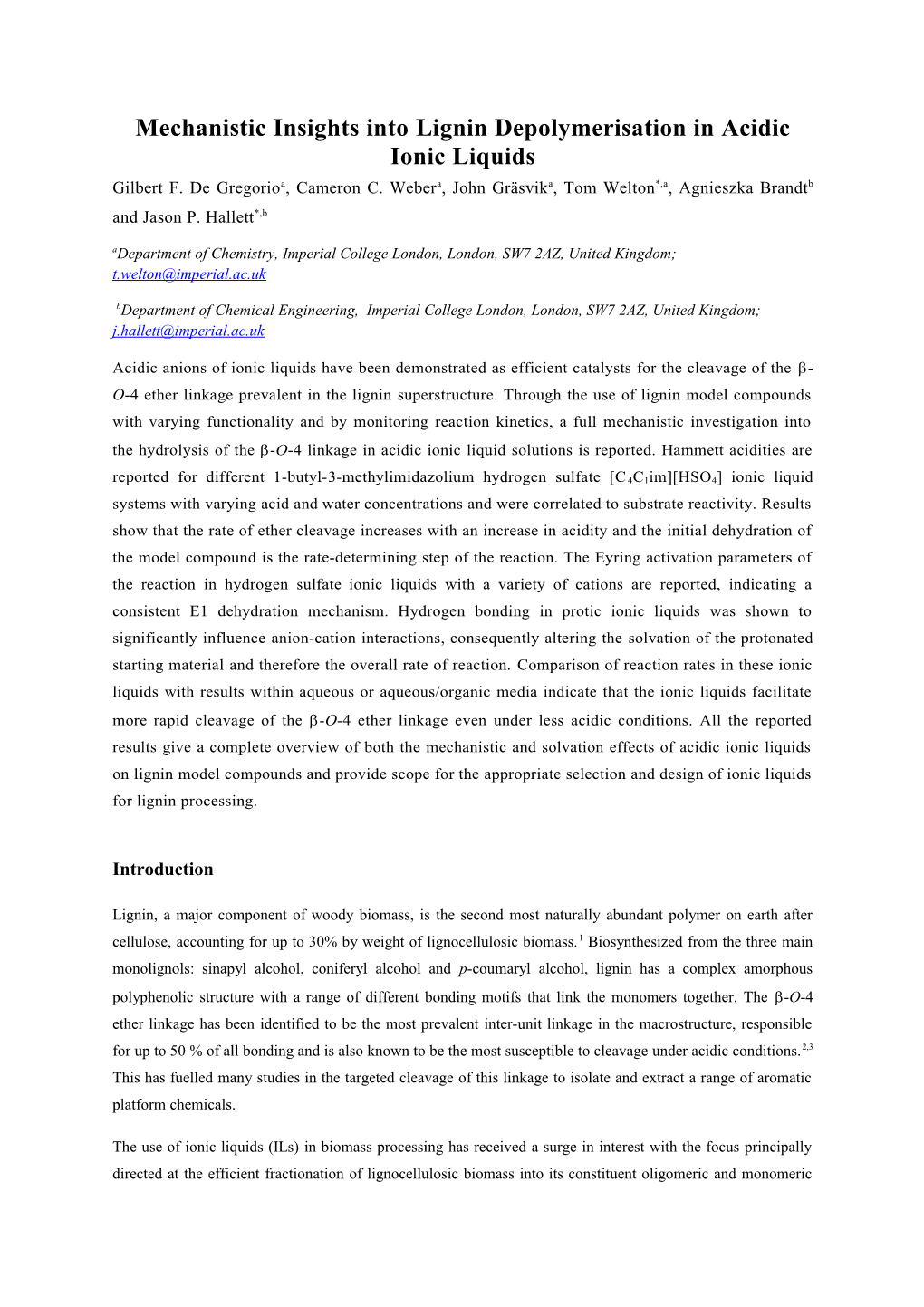 Mechanistic Insights Intolignin Depolymerisation in Acidic Ionic Liquids