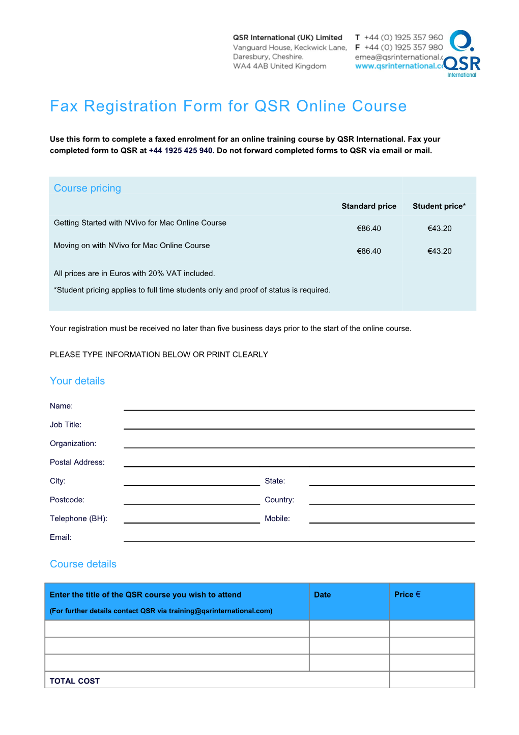 Fax Registration Form for QSR Eworkshop (US)