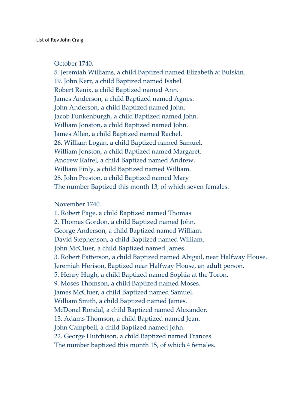 List of Rev John Craig