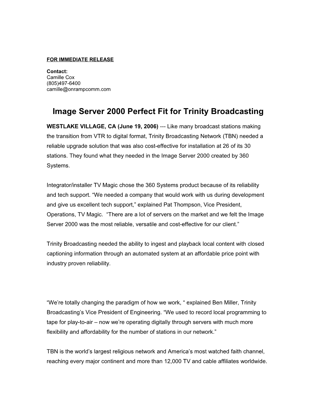 Image Server 2000 Perfect Fit for Trinity Broadcasting