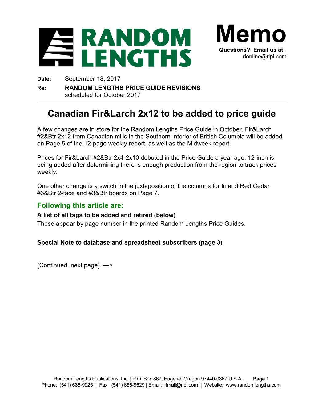 Canadian Fir&Larch 2X12 to Be Added to Price Guide
