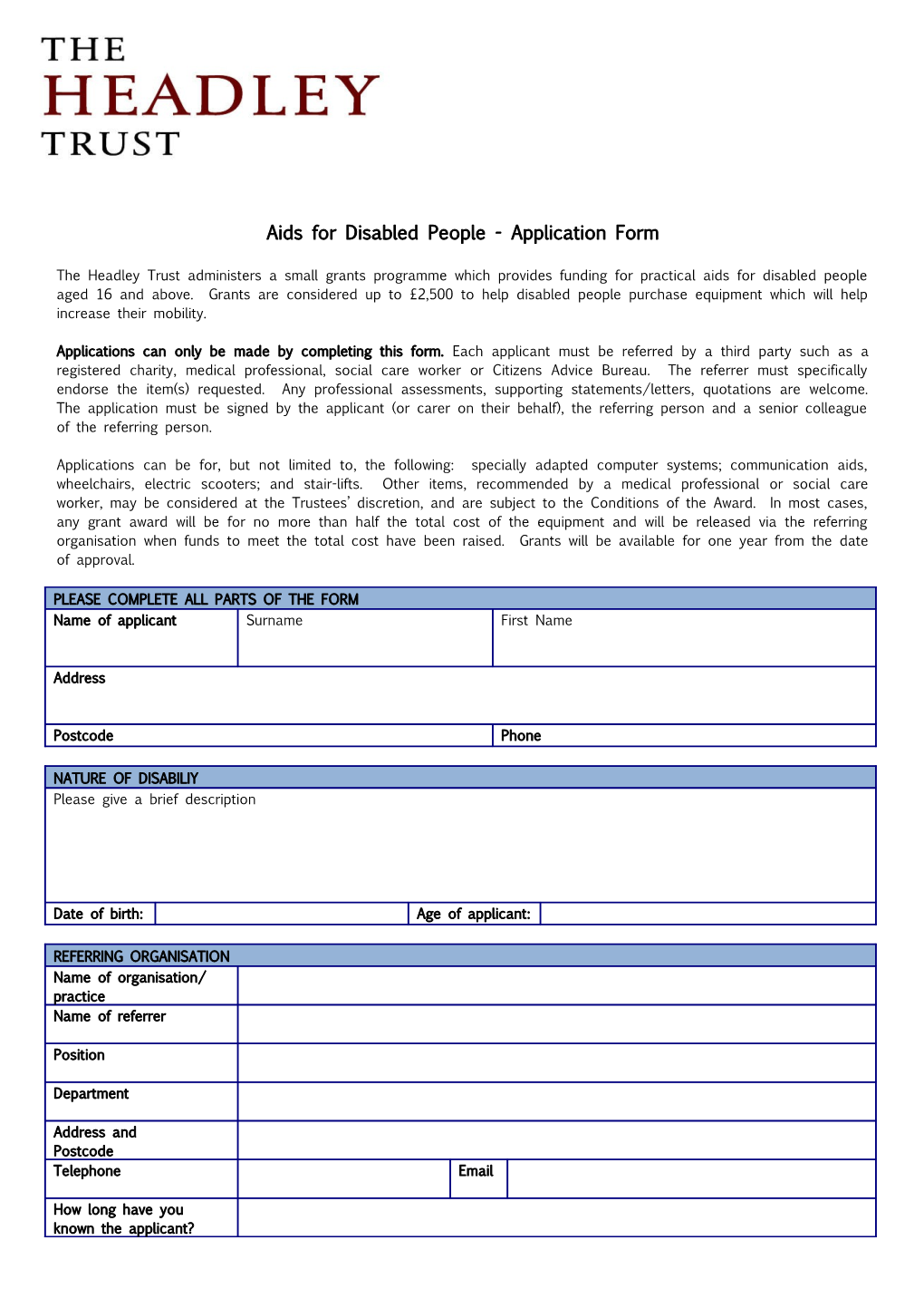 Aids for Disabled People - Application Form