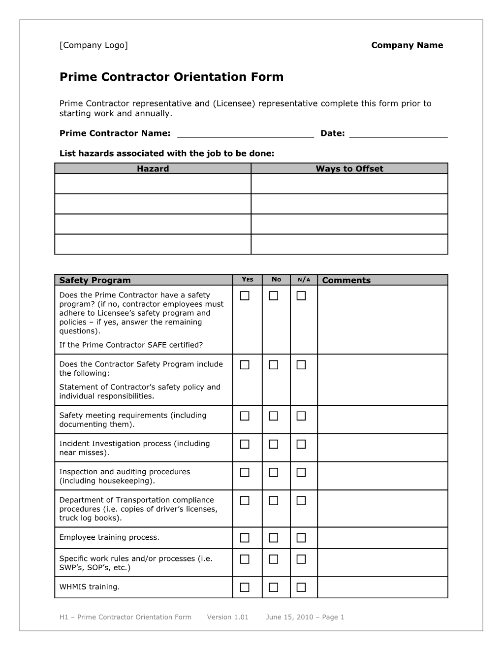 Prime Contractor Orientation Form